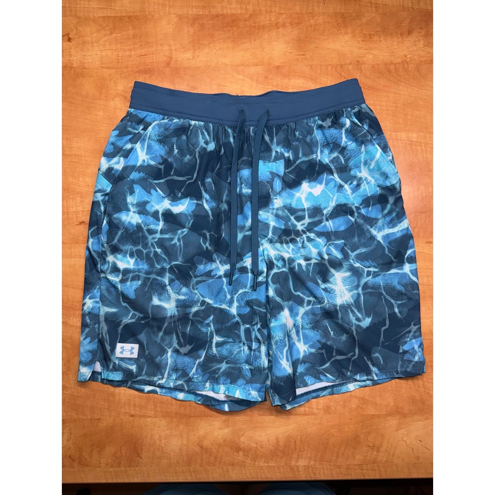 Under Armour Mens Blue Water Ripple Graphic Training Shorts Medium 7 Inch Inseam